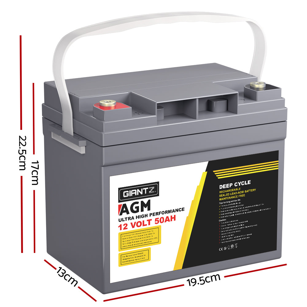 A gray Giantz AGM Deep Cycle Battery 12V 50Ah Box Portable Solar Caravan Camping with a white handle and yellow and red label indicating 12 volts and 50 amp-hours. Featuring advanced AGM technology, the "GIANTZ" brand name is displayed prominently. This portable power solution has two terminals on the top.