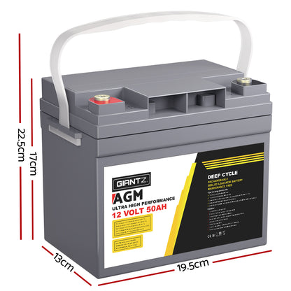 A gray Giantz AGM Deep Cycle Battery 12V 50Ah Box Portable Solar Caravan Camping with a white handle and yellow and red label indicating 12 volts and 50 amp-hours. Featuring advanced AGM technology, the "GIANTZ" brand name is displayed prominently. This portable power solution has two terminals on the top.