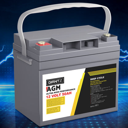 A gray Giantz AGM Deep Cycle Battery 12V 50Ah Box Portable Solar Caravan Camping with a white handle and yellow and red label indicating 12 volts and 50 amp-hours. Featuring advanced AGM technology, the "GIANTZ" brand name is displayed prominently. This portable power solution has two terminals on the top.