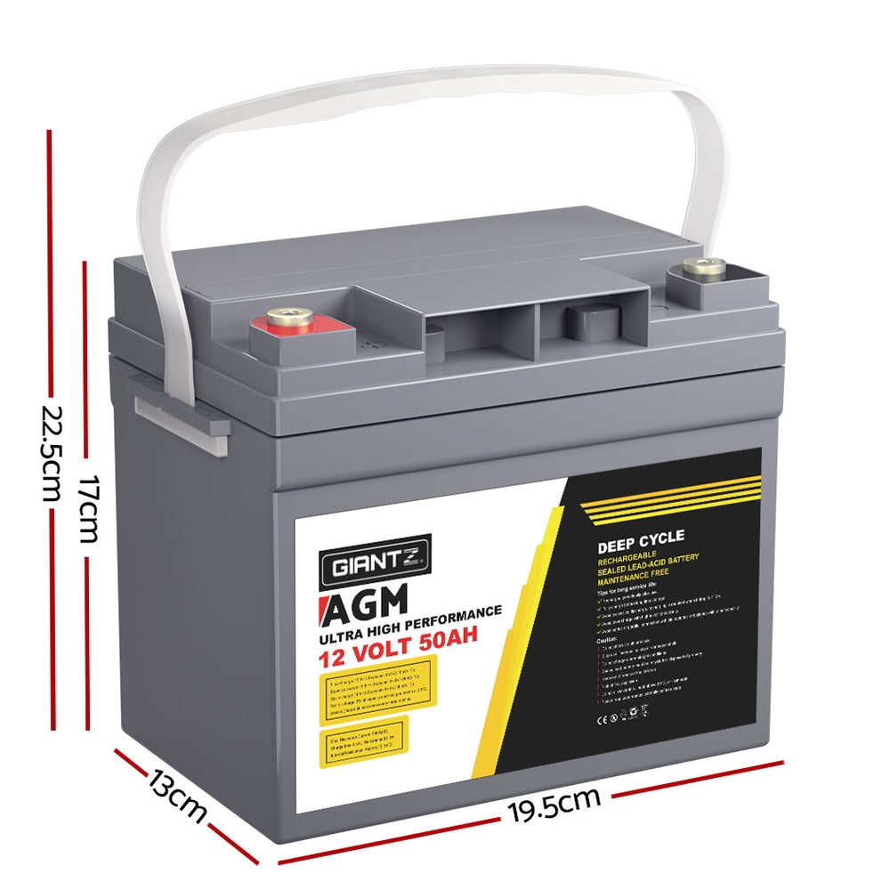 Two grey AGM deep cycle batteries, each featuring white handles and labels reading "Giantz AGM Deep Cycle Battery 12V 50Ah x2 Box Portable Solar Caravan Camping," with red and gold terminals on top. These portable power units are positioned side by side, slightly angled to the right.