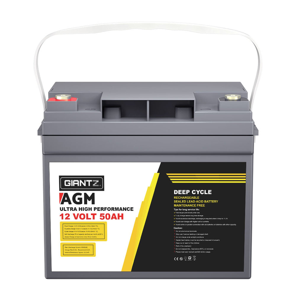 Two grey AGM deep cycle batteries, each featuring white handles and labels reading "Giantz AGM Deep Cycle Battery 12V 50Ah x2 Box Portable Solar Caravan Camping," with red and gold terminals on top. These portable power units are positioned side by side, slightly angled to the right.