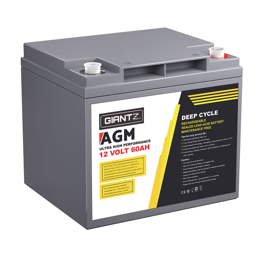 A gray Giantz AGM Battery 12V 60Ah Deep Cycle Box Portable Solar Caravan Camping with 12 volts and 60 amp-hours capacity is shown. Perfect for 12V appliances, this battery features a sealed lead-acid design with maintenance-free operation. The label highlights its high performance and rechargeable nature, making it ideal for portable power needs.