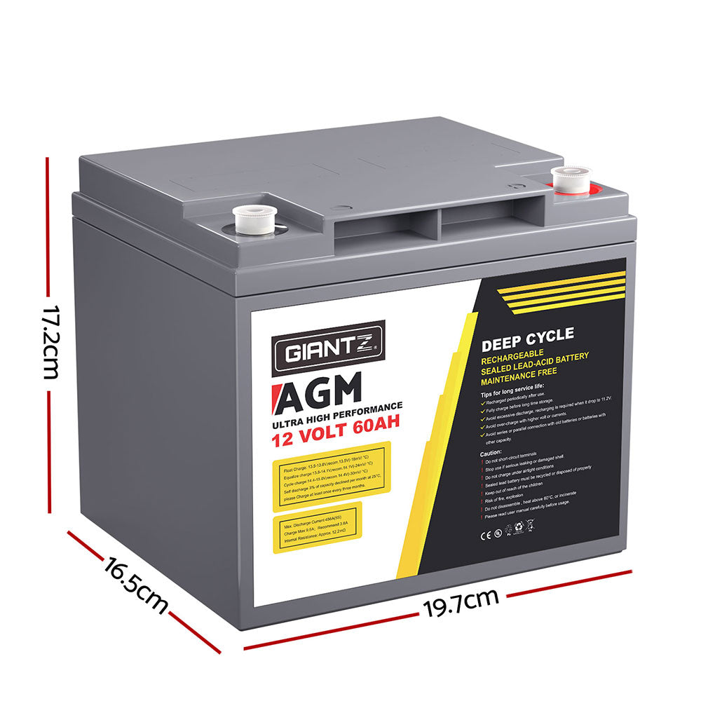 A gray Giantz AGM Battery 12V 60Ah Deep Cycle Box Portable Solar Caravan Camping with 12 volts and 60 amp-hours capacity is shown. Perfect for 12V appliances, this battery features a sealed lead-acid design with maintenance-free operation. The label highlights its high performance and rechargeable nature, making it ideal for portable power needs.