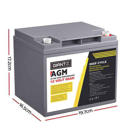 A gray Giantz AGM Battery 12V 60Ah Deep Cycle Box Portable Solar Caravan Camping with 12 volts and 60 amp-hours capacity is shown. Perfect for 12V appliances, this battery features a sealed lead-acid design with maintenance-free operation. The label highlights its high performance and rechargeable nature, making it ideal for portable power needs.