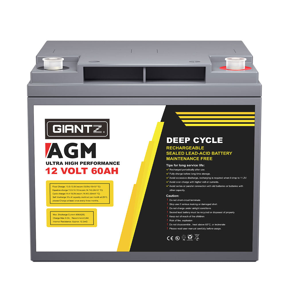 A gray Giantz AGM Battery 12V 60Ah Deep Cycle Box Portable Solar Caravan Camping with 12 volts and 60 amp-hours capacity is shown. Perfect for 12V appliances, this battery features a sealed lead-acid design with maintenance-free operation. The label highlights its high performance and rechargeable nature, making it ideal for portable power needs.