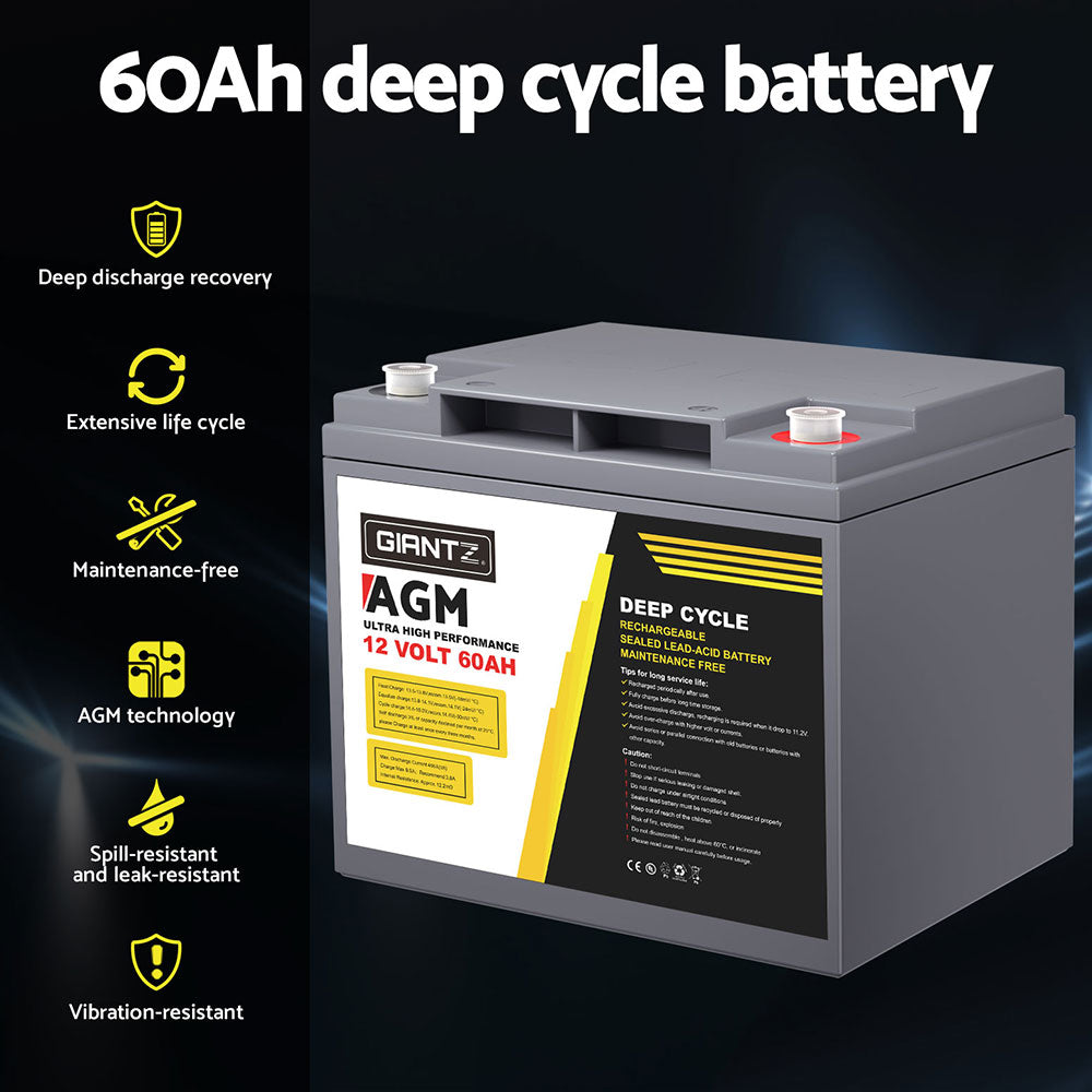 A gray Giantz AGM Battery 12V 60Ah Deep Cycle Box Portable Solar Caravan Camping with 12 volts and 60 amp-hours capacity is shown. Perfect for 12V appliances, this battery features a sealed lead-acid design with maintenance-free operation. The label highlights its high performance and rechargeable nature, making it ideal for portable power needs.