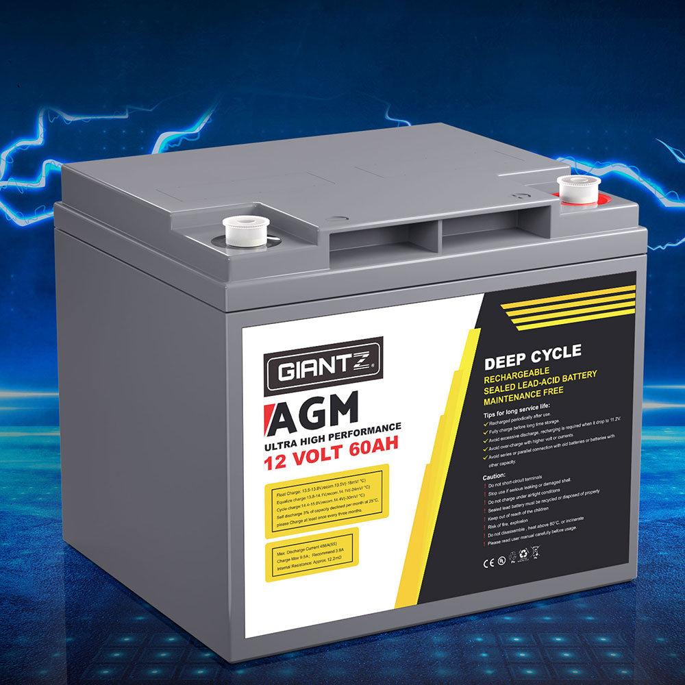 A gray Giantz AGM Battery 12V 60Ah Deep Cycle Box Portable Solar Caravan Camping with 12 volts and 60 amp-hours capacity is shown. Perfect for 12V appliances, this battery features a sealed lead-acid design with maintenance-free operation. The label highlights its high performance and rechargeable nature, making it ideal for portable power needs.