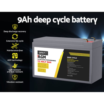 A rectangular, gray Giantz AGM Deep Cycle Battery 12V 9Ah Box Portable Solar Caravan Camping with the label "GIANTZ Ultra High Performance 12 Volt 9Ah". Featuring specifications on the side, including voltage and capacity, this portable power solution has its terminal connections visible on the top-right corner.