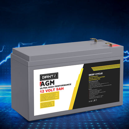 A rectangular, gray Giantz AGM Deep Cycle Battery 12V 9Ah Box Portable Solar Caravan Camping with the label "GIANTZ Ultra High Performance 12 Volt 9Ah". Featuring specifications on the side, including voltage and capacity, this portable power solution has its terminal connections visible on the top-right corner.