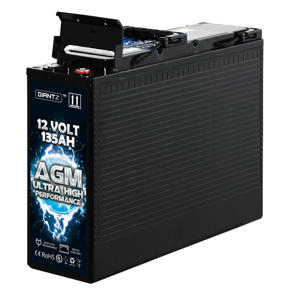 A black Giantz AGM Deep Cycle Battery 12V 135Ah Slim Box Portable Solar Caravan Camping with a handle, labeled "GIANTZ" and "12 Volt 135Ah Ultra High Performance" on the side. Featuring certifications like CE and RoHS, this portable deep cycle battery emphasizes its advanced AGM technology for superior performance and reliability.