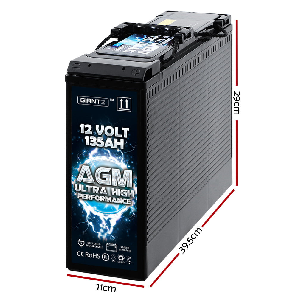 A black Giantz AGM Deep Cycle Battery 12V 135Ah Slim Box Portable Solar Caravan Camping with a handle, labeled "GIANTZ" and "12 Volt 135Ah Ultra High Performance" on the side. Featuring certifications like CE and RoHS, this portable deep cycle battery emphasizes its advanced AGM technology for superior performance and reliability.