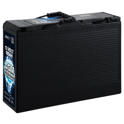 A black Giantz AGM Deep Cycle Battery 12V 135Ah Slim Box Portable Solar Caravan Camping with a handle, labeled "GIANTZ" and "12 Volt 135Ah Ultra High Performance" on the side. Featuring certifications like CE and RoHS, this portable deep cycle battery emphasizes its advanced AGM technology for superior performance and reliability.