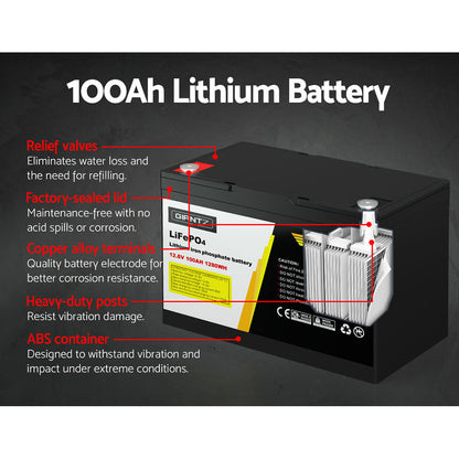 A black Giantz 12V 100Ah Lithium Battery LiFePO4 Deep Cycle Box Solar Caravan Camping with a capacity of 12.8V, 100Ah, and 1280Wh. It has a label with the brand "Giantz," safety warnings, certifications, and handling instructions. Ideal for emergency power or outdoor use, it features two protruding handles on top for easy carrying.