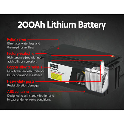 A black rectangular Giantz 12V 200Ah Lithium Battery LiFePO4 Deep Cycle Box Solar Caravan Camping, featuring two side handles and yellow text on the label. The label indicates a capacity of 12.8V 200Ah 12.02Wh and brand name "GIANTZ." Safety and technical information are also included, making it perfect for emergency power needs or as a car battery replacement.