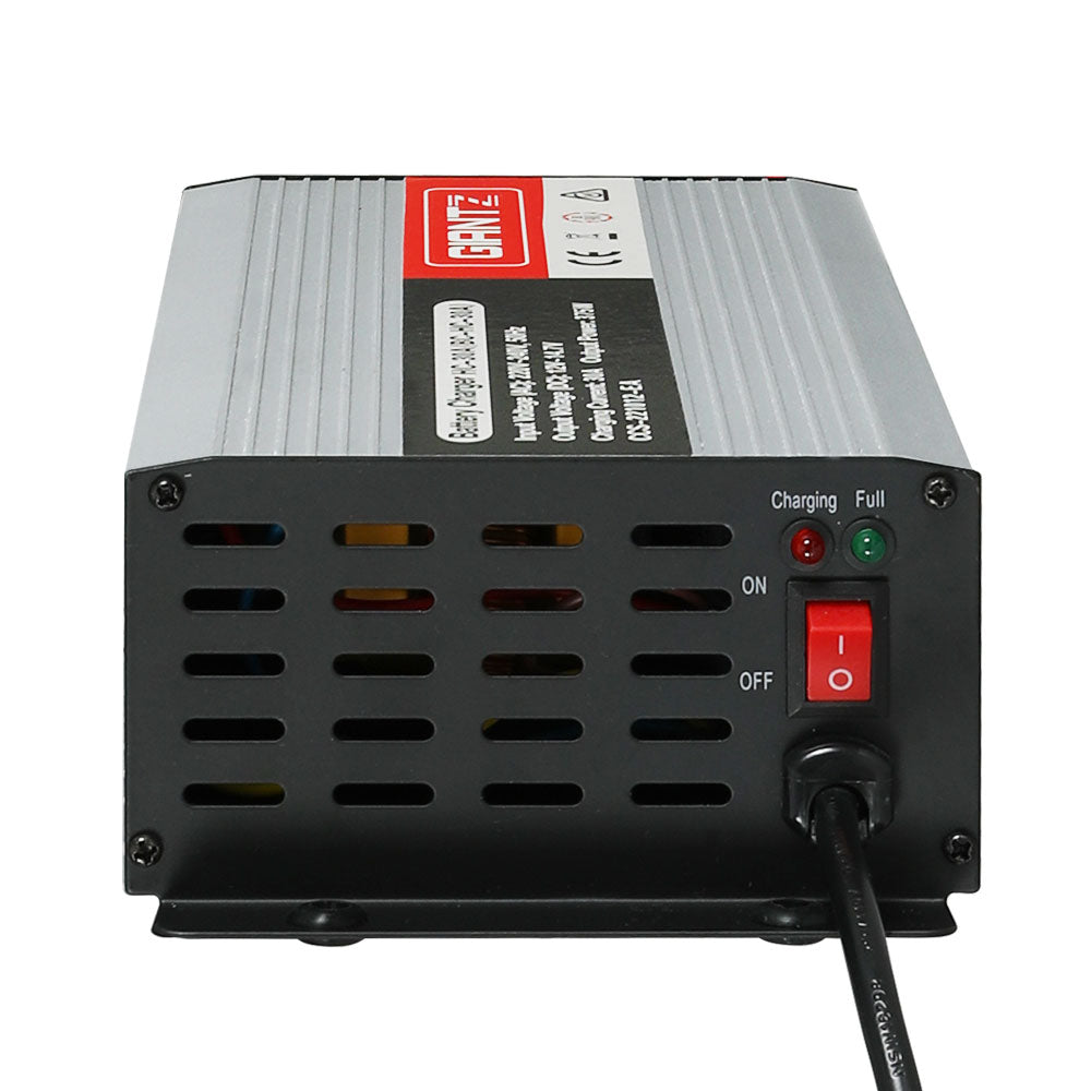 A silver and black battery charger labeled "Giantz 12V 30A Car Battery Charger 30Amp ATV 4WD Boat Caravan" with model number HC-30A(BC-HC-30A) is designed for 12V batteries. It showcases input voltage (AC: 220V-240V, 50Hz), output voltage (DC: 12V-14.7V), charging current (30A), and output power (375W).