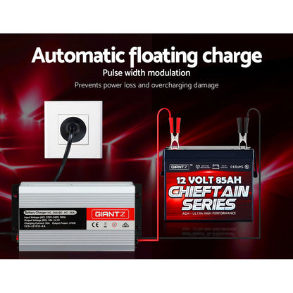 A silver and black battery charger labeled "Giantz 12V 30A Car Battery Charger 30Amp ATV 4WD Boat Caravan" with model number HC-30A(BC-HC-30A) is designed for 12V batteries. It showcases input voltage (AC: 220V-240V, 50Hz), output voltage (DC: 12V-14.7V), charging current (30A), and output power (375W).