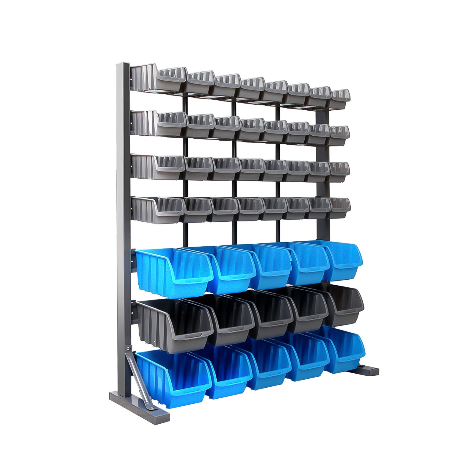 An organization setup featuring a Giantz 47 Storage Bin Rack Wall Mounted Steel Stand with multiple gray and blue bins filled with various screws and hardware. Tools and a drill are visible on a workbench with drawers beneath. A magnetic tool bar holds essentials, while text states "Versatile storage" and highlights bin dimensions.