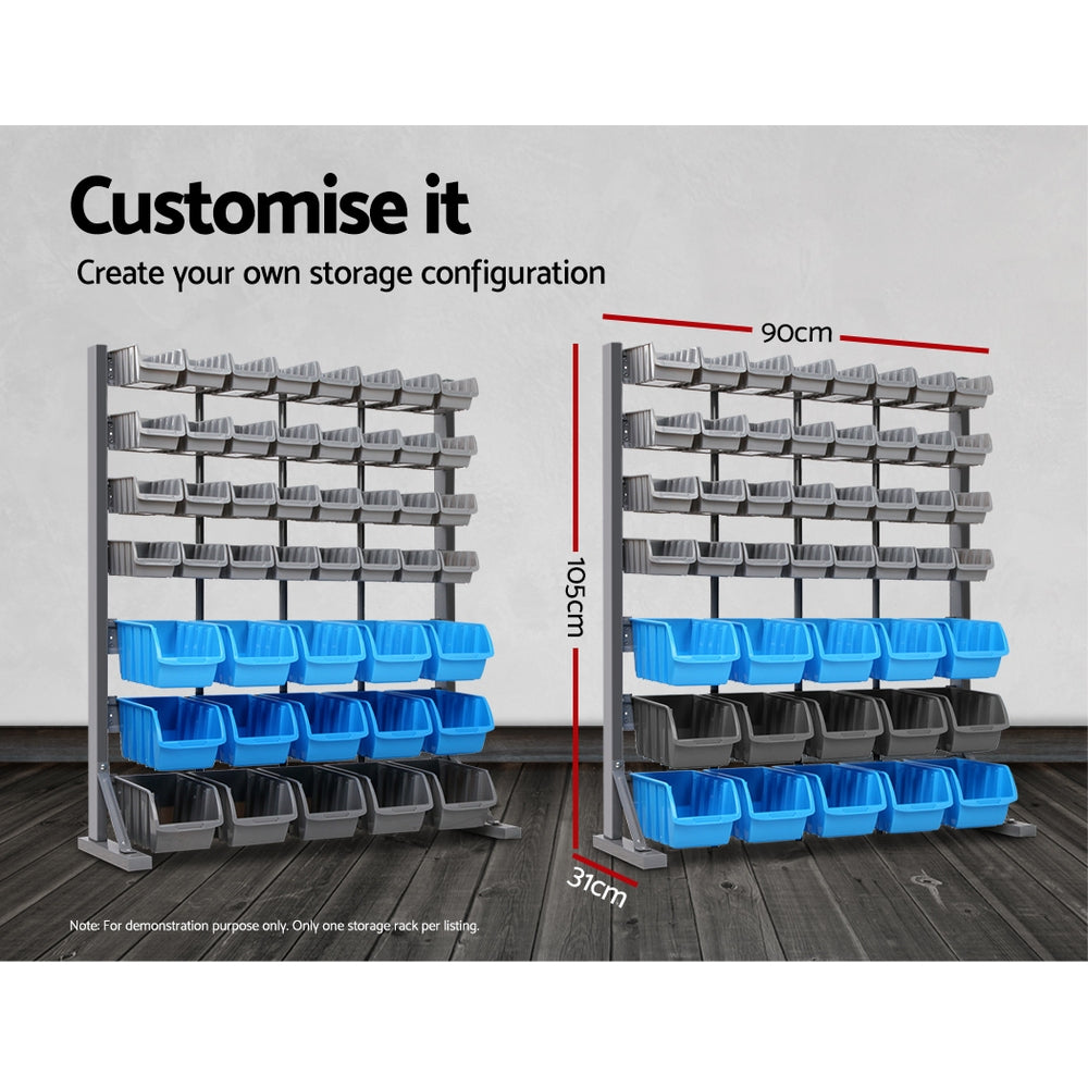 An organization setup featuring a Giantz 47 Storage Bin Rack Wall Mounted Steel Stand with multiple gray and blue bins filled with various screws and hardware. Tools and a drill are visible on a workbench with drawers beneath. A magnetic tool bar holds essentials, while text states "Versatile storage" and highlights bin dimensions.