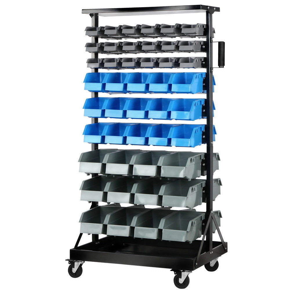 A Giantz 90 Storage Bin Rack Stand Double-sided Wheels with dimensions: 135cm tall, 66cm wide, and 52cm deep. It features injection-moulded bins in black, blue, and gray across three sections. With its rust-resistant steel frame, wheels for mobility, and a side handle for maneuvering, it’s both durable and versatile.