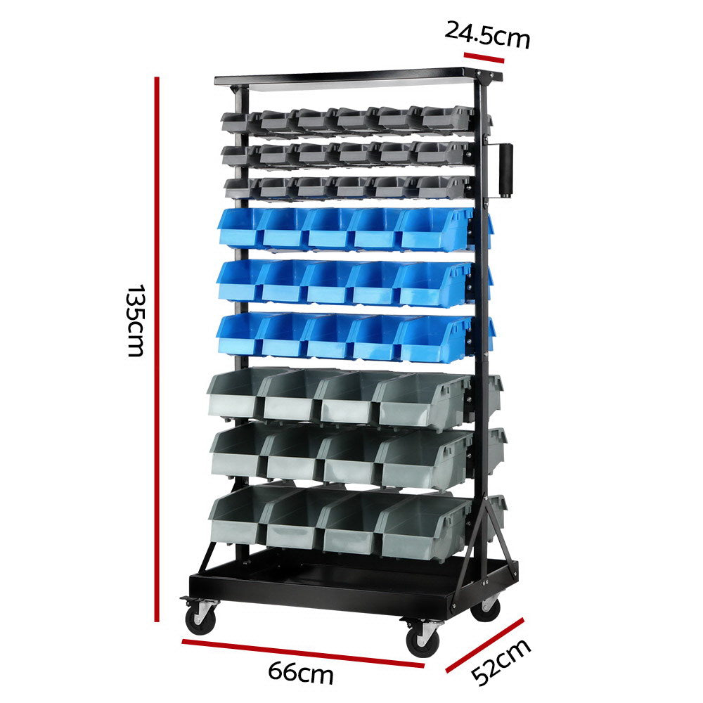 A Giantz 90 Storage Bin Rack Stand Double-sided Wheels with dimensions: 135cm tall, 66cm wide, and 52cm deep. It features injection-moulded bins in black, blue, and gray across three sections. With its rust-resistant steel frame, wheels for mobility, and a side handle for maneuvering, it’s both durable and versatile.