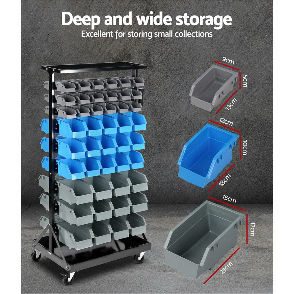 A Giantz 90 Storage Bin Rack Stand Double-sided Wheels with dimensions: 135cm tall, 66cm wide, and 52cm deep. It features injection-moulded bins in black, blue, and gray across three sections. With its rust-resistant steel frame, wheels for mobility, and a side handle for maneuvering, it’s both durable and versatile.