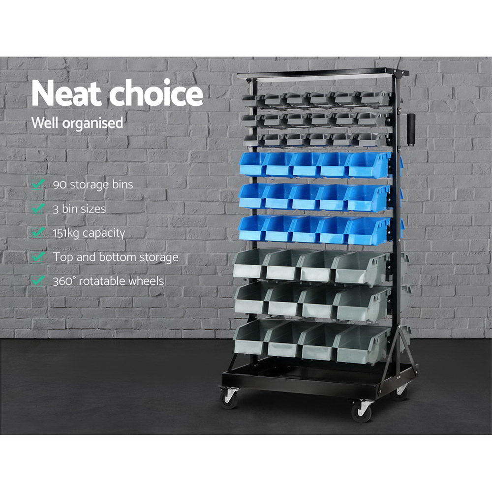 A Giantz 90 Storage Bin Rack Stand Double-sided Wheels with dimensions: 135cm tall, 66cm wide, and 52cm deep. It features injection-moulded bins in black, blue, and gray across three sections. With its rust-resistant steel frame, wheels for mobility, and a side handle for maneuvering, it’s both durable and versatile.