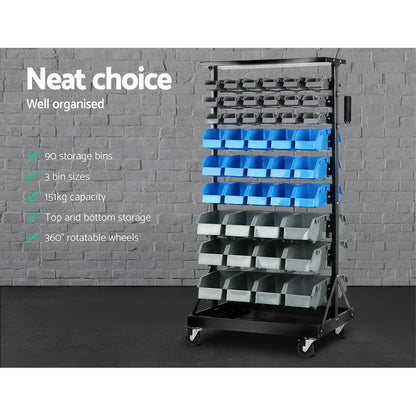 A Giantz 90 Storage Bin Rack Stand Double-sided Wheels with dimensions: 135cm tall, 66cm wide, and 52cm deep. It features injection-moulded bins in black, blue, and gray across three sections. With its rust-resistant steel frame, wheels for mobility, and a side handle for maneuvering, it’s both durable and versatile.