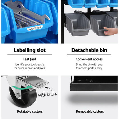 A Giantz 90 Storage Bin Rack Stand Double-sided Wheels with dimensions: 135cm tall, 66cm wide, and 52cm deep. It features injection-moulded bins in black, blue, and gray across three sections. With its rust-resistant steel frame, wheels for mobility, and a side handle for maneuvering, it’s both durable and versatile.