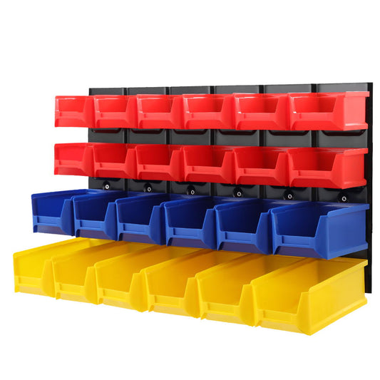 A black Giantz 24 Storage Bin Rack Wall Mounted holding three rows of detachable plastic bins. The top row has red bins, the middle row has blue bins, and the bottom row has yellow bins. Each row contains six bins, making a total of eighteen bins—an efficient tool storage solution for any workspace.