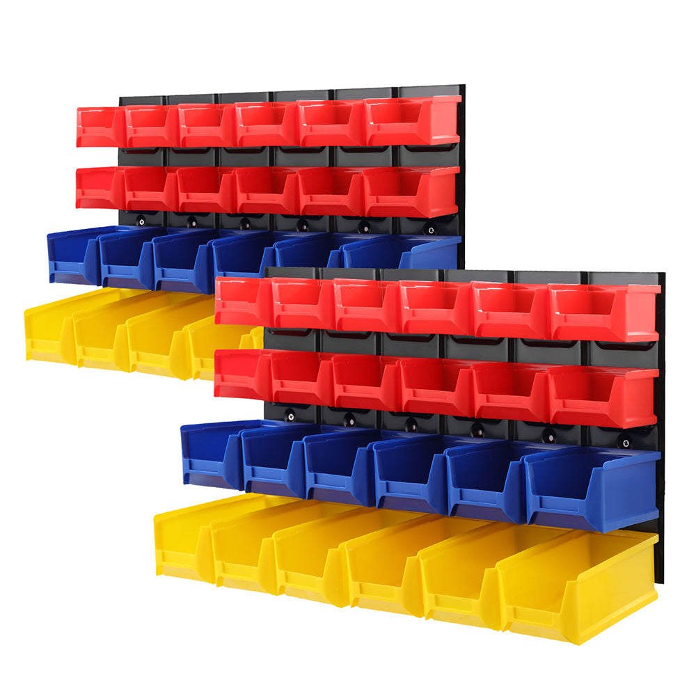 The Giantz 48 Storage Bin Rack Wall Mounted Peg Board is a space-saving storage solution featuring an ultra-durable louvred metal backboard. It includes 30 plastic bins: eight red on the top two rows, eight blue in the middle, and fourteen yellow at the bottom. The black backing enhances its sleek appearance.