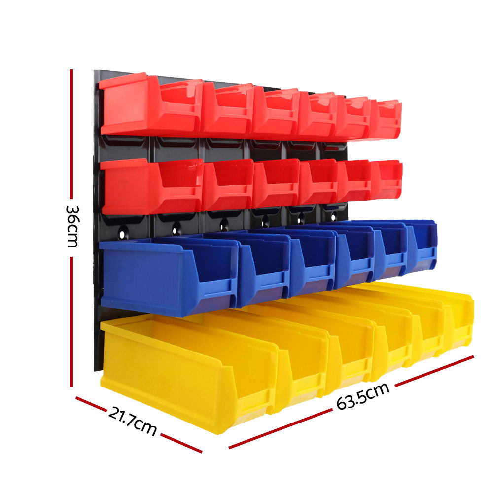 The Giantz 48 Storage Bin Rack Wall Mounted Peg Board is a space-saving storage solution featuring an ultra-durable louvred metal backboard. It includes 30 plastic bins: eight red on the top two rows, eight blue in the middle, and fourteen yellow at the bottom. The black backing enhances its sleek appearance.