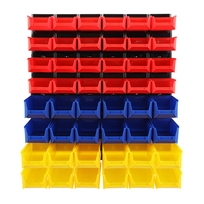 The Giantz 48 Storage Bin Rack Wall Mounted Peg Board is a space-saving storage solution featuring an ultra-durable louvred metal backboard. It includes 30 plastic bins: eight red on the top two rows, eight blue in the middle, and fourteen yellow at the bottom. The black backing enhances its sleek appearance.