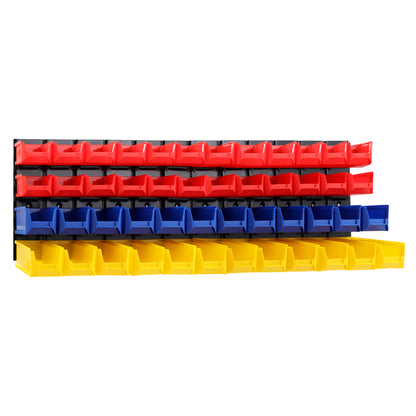 The Giantz 48 Storage Bin Rack Wall Mounted Peg Board is a space-saving storage solution featuring an ultra-durable louvred metal backboard. It includes 30 plastic bins: eight red on the top two rows, eight blue in the middle, and fourteen yellow at the bottom. The black backing enhances its sleek appearance.