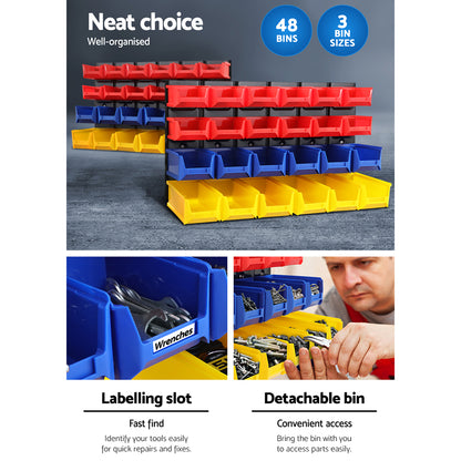 The Giantz 48 Storage Bin Rack Wall Mounted Peg Board is a space-saving storage solution featuring an ultra-durable louvred metal backboard. It includes 30 plastic bins: eight red on the top two rows, eight blue in the middle, and fourteen yellow at the bottom. The black backing enhances its sleek appearance.