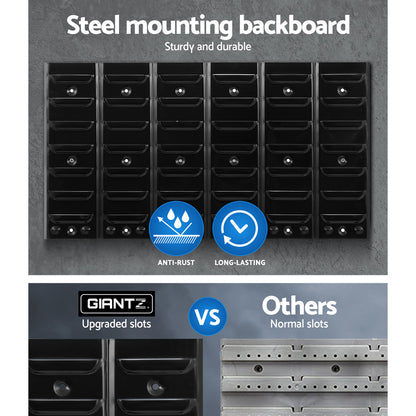 The Giantz 48 Storage Bin Rack Wall Mounted Peg Board is a space-saving storage solution featuring an ultra-durable louvred metal backboard. It includes 30 plastic bins: eight red on the top two rows, eight blue in the middle, and fourteen yellow at the bottom. The black backing enhances its sleek appearance.