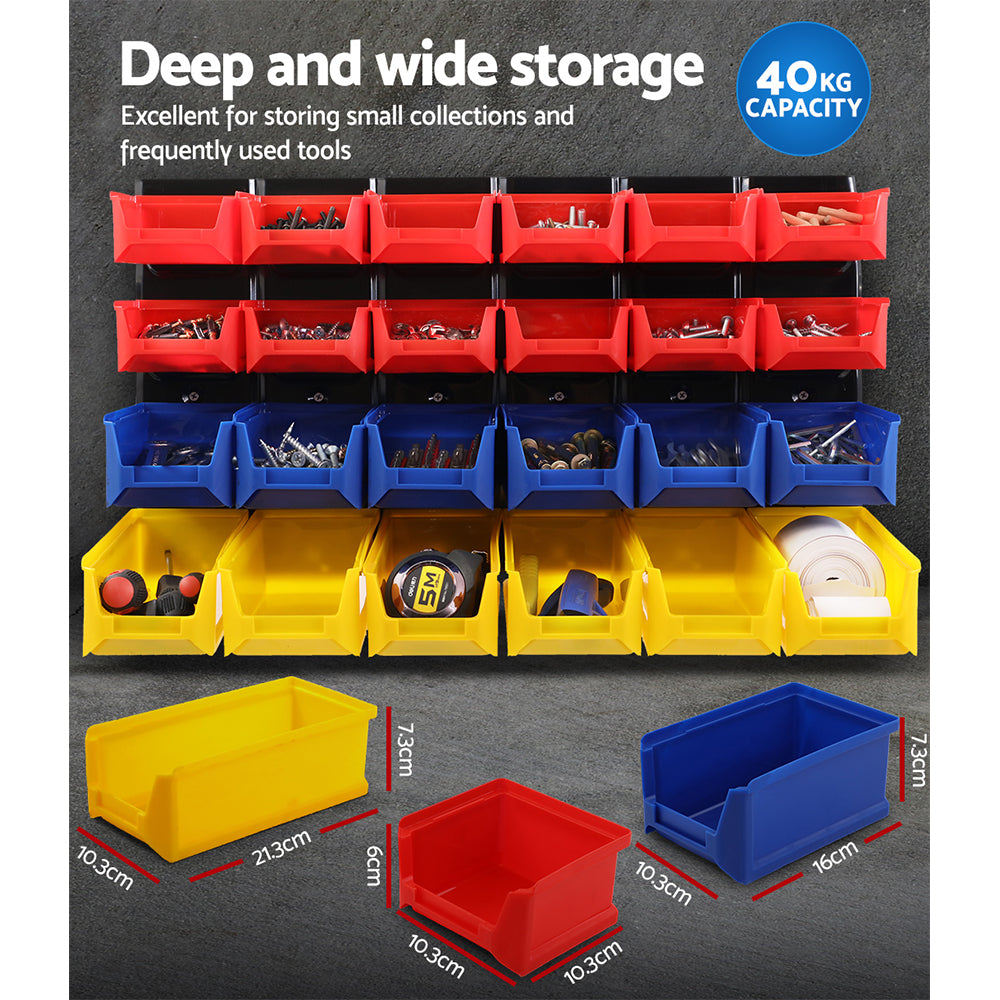 The Giantz 48 Storage Bin Rack Wall Mounted Peg Board is a space-saving storage solution featuring an ultra-durable louvred metal backboard. It includes 30 plastic bins: eight red on the top two rows, eight blue in the middle, and fourteen yellow at the bottom. The black backing enhances its sleek appearance.