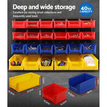 The Giantz 48 Storage Bin Rack Wall Mounted Peg Board is a space-saving storage solution featuring an ultra-durable louvred metal backboard. It includes 30 plastic bins: eight red on the top two rows, eight blue in the middle, and fourteen yellow at the bottom. The black backing enhances its sleek appearance.