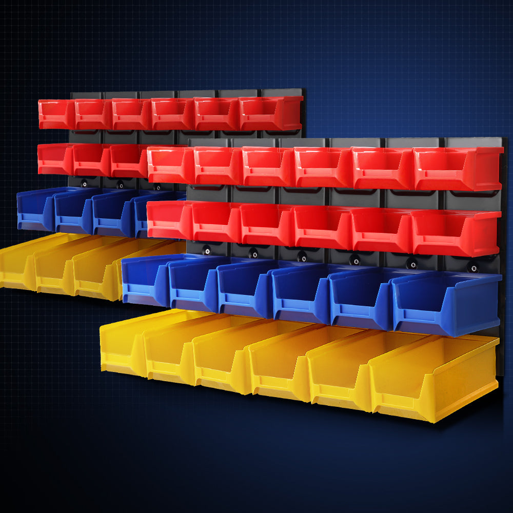 The Giantz 48 Storage Bin Rack Wall Mounted Peg Board is a space-saving storage solution featuring an ultra-durable louvred metal backboard. It includes 30 plastic bins: eight red on the top two rows, eight blue in the middle, and fourteen yellow at the bottom. The black backing enhances its sleek appearance.