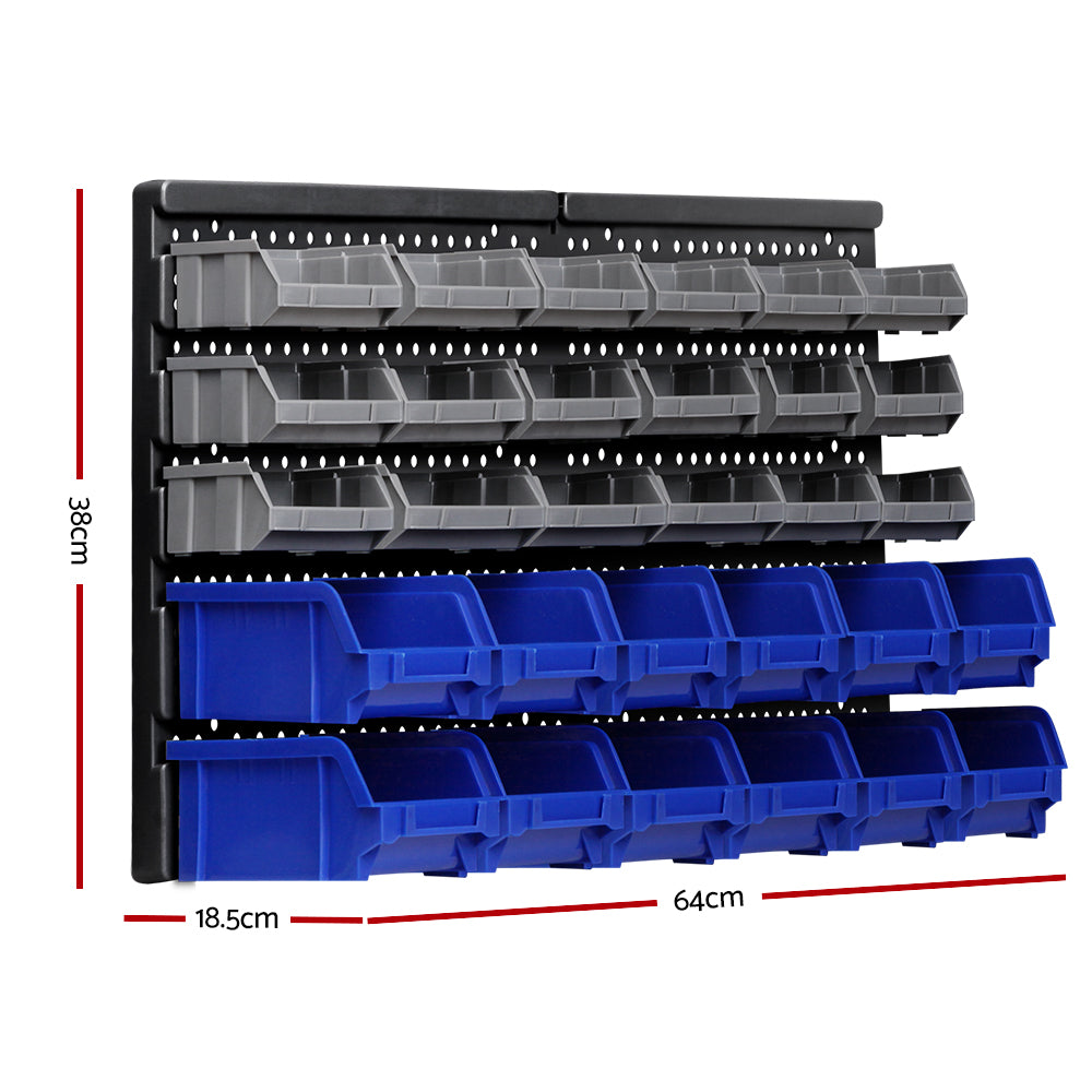 A Giantz 30 Storage Bin Rack Wall Mounted: the left image shows wrenches in a bin with a labelling slot, labeled "Wrenches," "Labelling slot," and "Fast find." The right image shows a person detaching a blue bin labeled "Detachable bin" and "Convenient access." Made from heavy-duty storage material, this wall-mounted storage solution ensures durability.