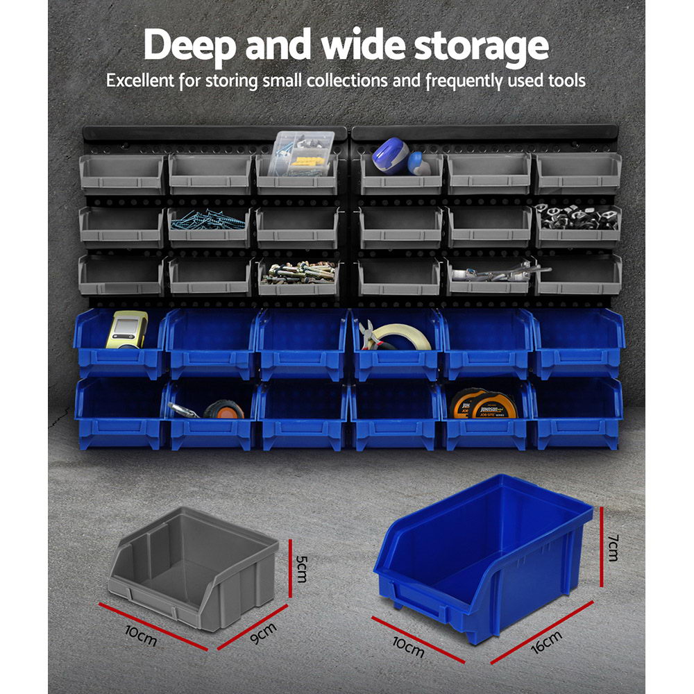 A Giantz 30 Storage Bin Rack Wall Mounted: the left image shows wrenches in a bin with a labelling slot, labeled "Wrenches," "Labelling slot," and "Fast find." The right image shows a person detaching a blue bin labeled "Detachable bin" and "Convenient access." Made from heavy-duty storage material, this wall-mounted storage solution ensures durability.