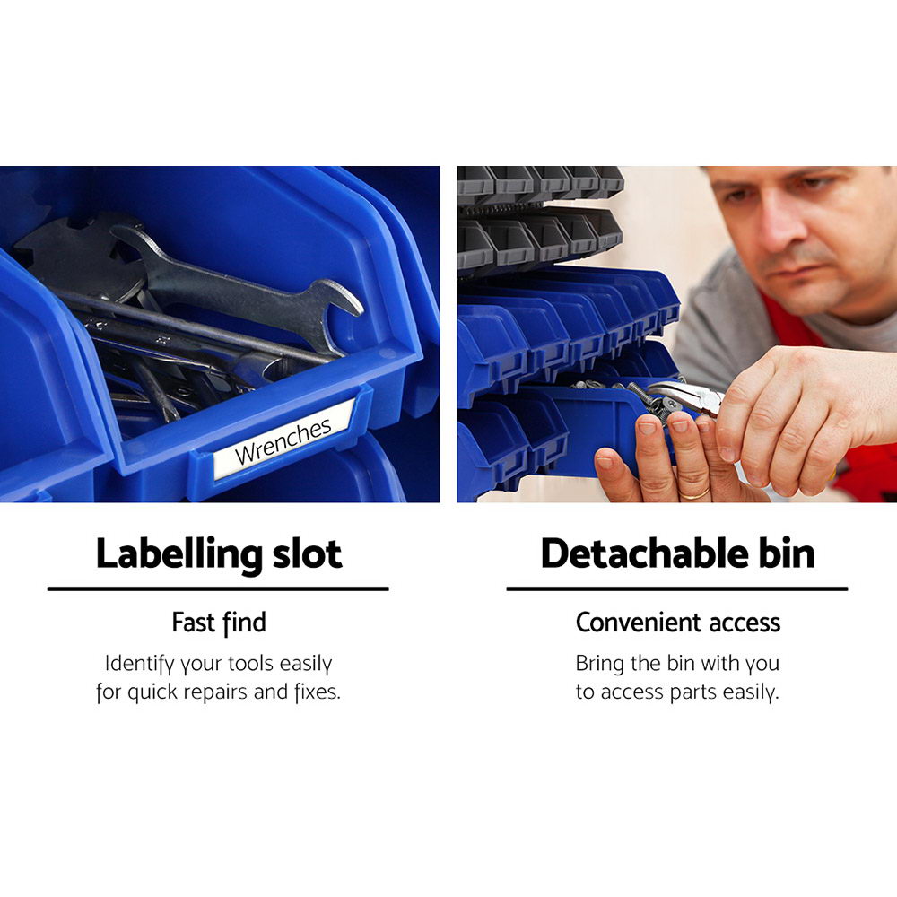 A Giantz 30 Storage Bin Rack Wall Mounted: the left image shows wrenches in a bin with a labelling slot, labeled "Wrenches," "Labelling slot," and "Fast find." The right image shows a person detaching a blue bin labeled "Detachable bin" and "Convenient access." Made from heavy-duty storage material, this wall-mounted storage solution ensures durability.