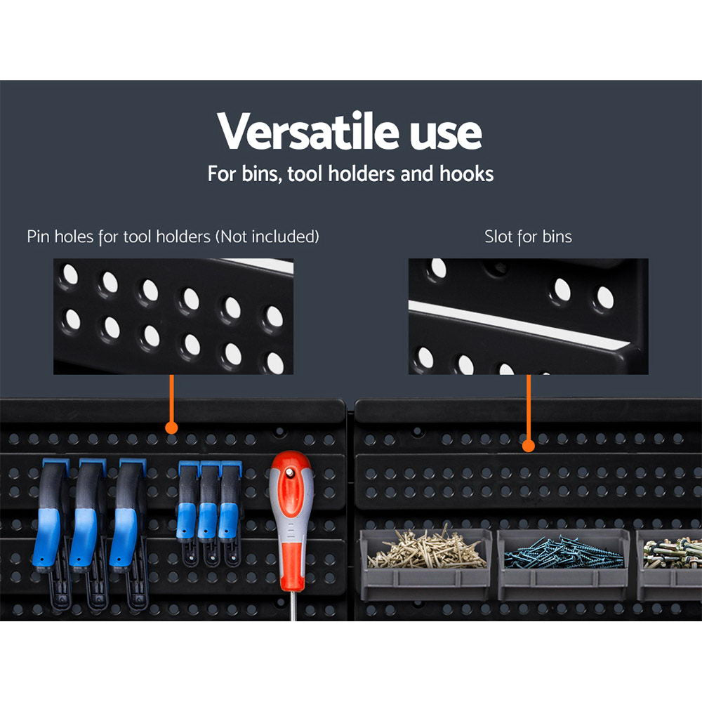 A Giantz 30 Storage Bin Rack Wall Mounted: the left image shows wrenches in a bin with a labelling slot, labeled "Wrenches," "Labelling slot," and "Fast find." The right image shows a person detaching a blue bin labeled "Detachable bin" and "Convenient access." Made from heavy-duty storage material, this wall-mounted storage solution ensures durability.