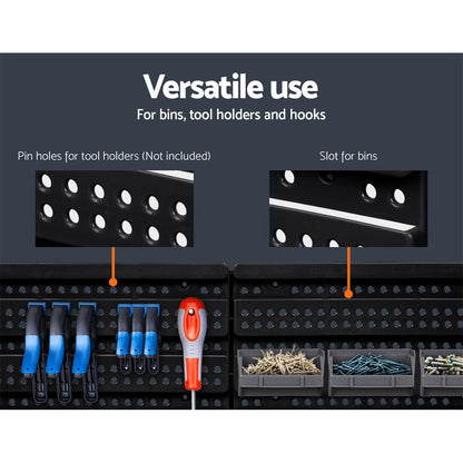 A Giantz 30 Storage Bin Rack Wall Mounted: the left image shows wrenches in a bin with a labelling slot, labeled "Wrenches," "Labelling slot," and "Fast find." The right image shows a person detaching a blue bin labeled "Detachable bin" and "Convenient access." Made from heavy-duty storage material, this wall-mounted storage solution ensures durability.