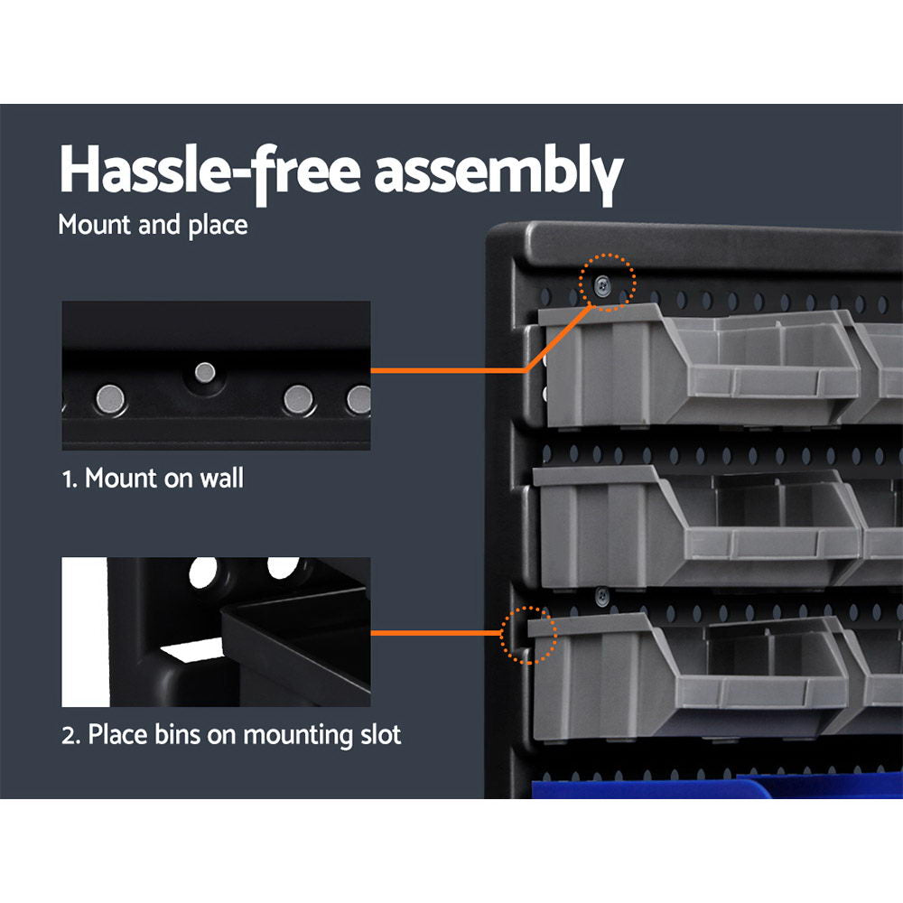 A Giantz 30 Storage Bin Rack Wall Mounted: the left image shows wrenches in a bin with a labelling slot, labeled "Wrenches," "Labelling slot," and "Fast find." The right image shows a person detaching a blue bin labeled "Detachable bin" and "Convenient access." Made from heavy-duty storage material, this wall-mounted storage solution ensures durability.