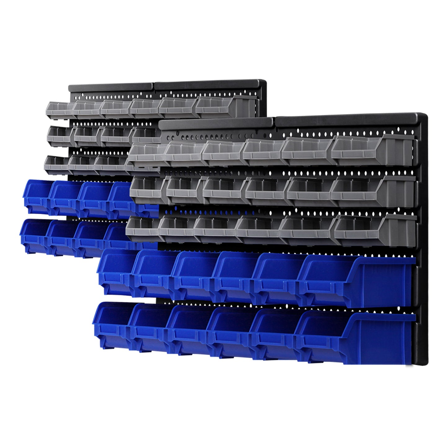 A Giantz 60 Storage Bin Rack Wall Mounted with gray and blue detachable bins. The top rows consist of gray bins, while the bottom rows feature blue bins. These tools holders boast a sleek, organized design ideal for holding tools, parts, or small items in a workshop or garage.