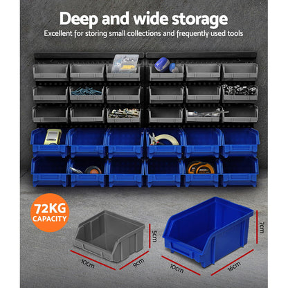 A Giantz 60 Storage Bin Rack Wall Mounted with gray and blue detachable bins. The top rows consist of gray bins, while the bottom rows feature blue bins. These tools holders boast a sleek, organized design ideal for holding tools, parts, or small items in a workshop or garage.