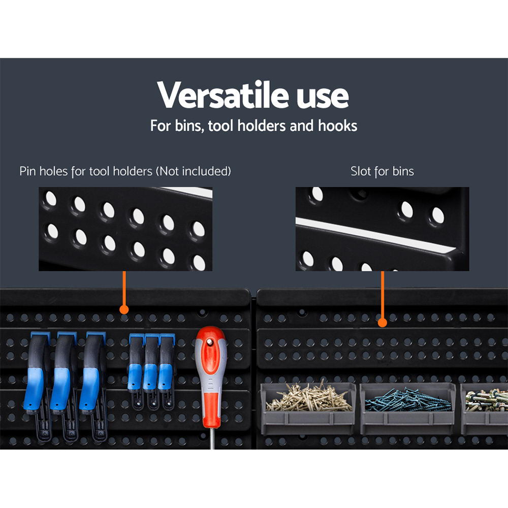 A Giantz 60 Storage Bin Rack Wall Mounted with gray and blue detachable bins. The top rows consist of gray bins, while the bottom rows feature blue bins. These tools holders boast a sleek, organized design ideal for holding tools, parts, or small items in a workshop or garage.