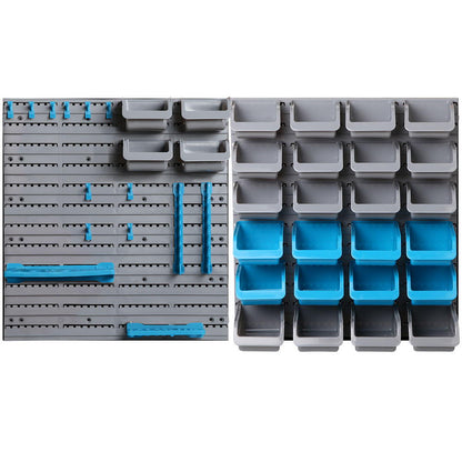 A Giantz 44 Storage Bin Rack Wall Mounted Peg Board with multiple rows of heavy duty storage bins in grey and blue. The dimensions of the entire unit are 54 cm in height and 48 cm in width. The detachable bins are stackable and can be attached or detached from the wall panel.