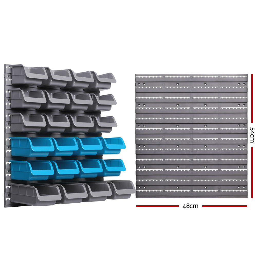 A Giantz 44 Storage Bin Rack Wall Mounted Peg Board with multiple rows of heavy duty storage bins in grey and blue. The dimensions of the entire unit are 54 cm in height and 48 cm in width. The detachable bins are stackable and can be attached or detached from the wall panel.