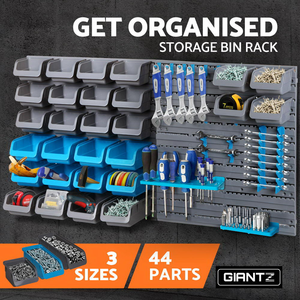 A Giantz 44 Storage Bin Rack Wall Mounted Peg Board with multiple rows of heavy duty storage bins in grey and blue. The dimensions of the entire unit are 54 cm in height and 48 cm in width. The detachable bins are stackable and can be attached or detached from the wall panel.